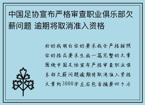 中国足协宣布严格审查职业俱乐部欠薪问题 逾期将取消准入资格